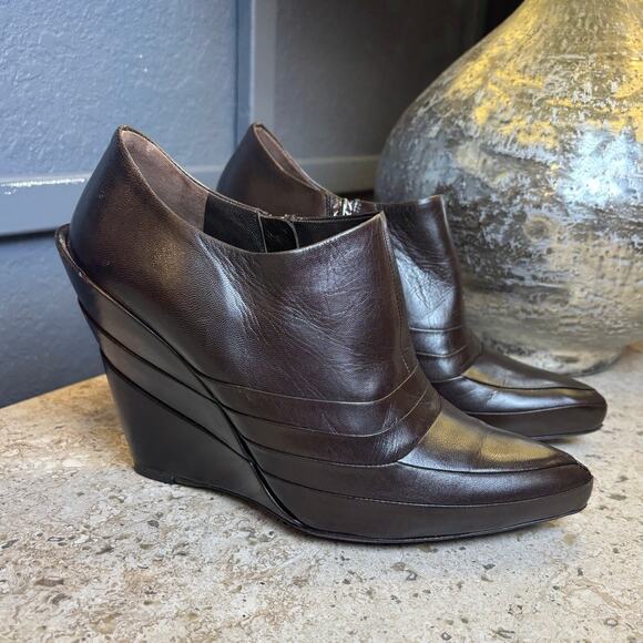 Miu Miu Dark Brown Leather Wedge Bootie Pumps 4.5" Heel Size 38 1/2 (8.5) - Picture 2 of 9